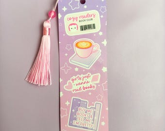 Glossy Pink Purple Bookmark with Tassel | Cozy Readers Book Club Design