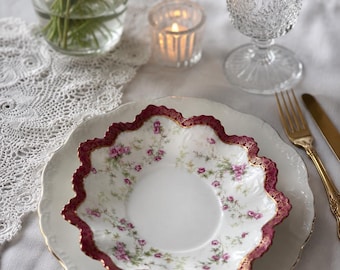 Antique M.Z. Austria Porcelain Candy Dish | Burgundy & Gold Gilt Floral Bowl