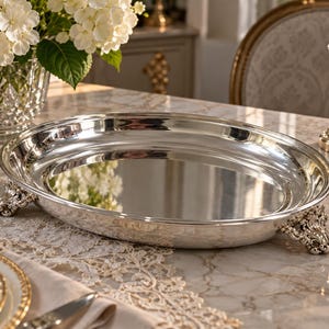 May include: An oval silver-toned serving tray with a polished, reflective surface and a smooth, raised rim. The tray is supported by four ornate, decorative feet featuring intricate scrollwork details along the base of the metal structure.