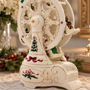 May include: A white ceramic ferris wheel figurine featuring gold trim, painted green Christmas trees, and red ribbons. The structure includes small passenger cars carrying miniature figures and a teddy bear, set upon a decorative base with steps.