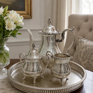 Puede incluir: Un juego de té de plata que consta de una tetera, un azucarero con tapa y una jarra de leche, todos con detalles en relieve ornamentados y asas curvas. Las piezas están dispuestas sobre una bandeja redonda de plata con un borde calado.