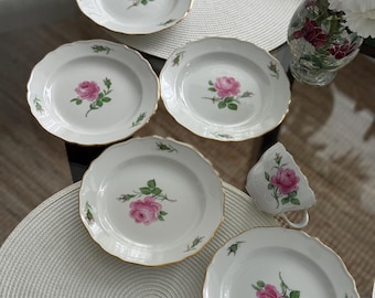 Juego de platos de porcelana vintage con diseño de rosas – Estilo Meissen – Borde dorado – Marca de espadas cruzadas – Vajilla de estilo rústico romántico