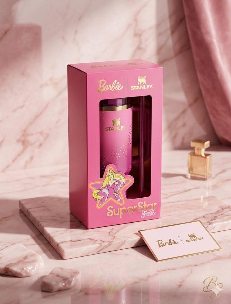 K&ouml;nnte beinhalten: Ein pinkfarbenes Stanley-Reisebecher- und Box-Set mit dem Barbie-Logo und einer Stern-Grafik. Auf der Box steht "Superstar Barbie" in goldfarbenen Buchstaben. Eine kleine Karte mit den Barbie- und Stanley-Logos ist ebenfalls zu sehen.
