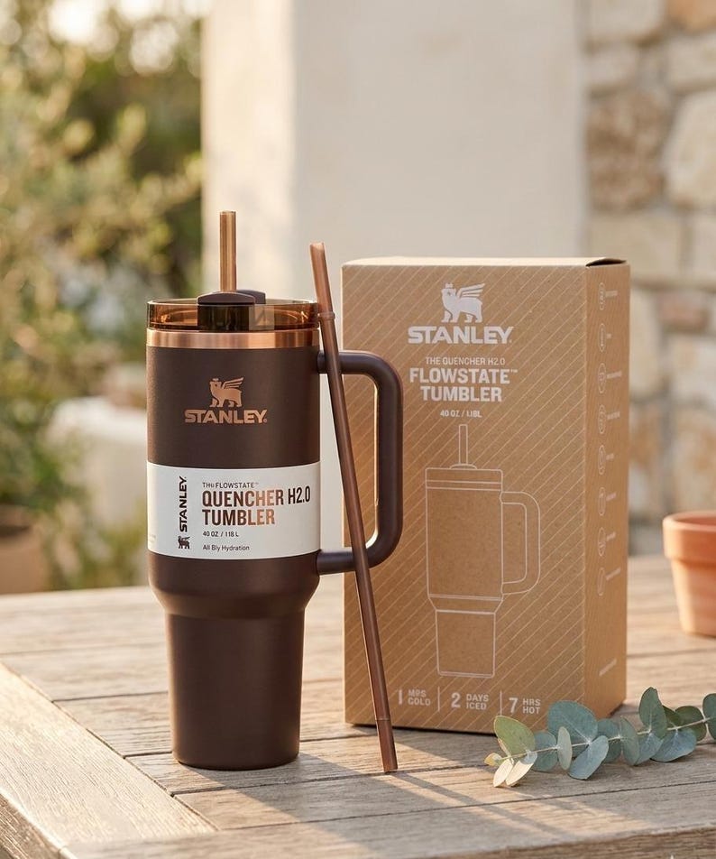 May include: A brown Stanley Quencher H2.0 Flowstate tumbler with a handle and straw, next to its cardboard box. The tumbler is 1.18L. The box shows the tumbler's design and the Stanley logo.