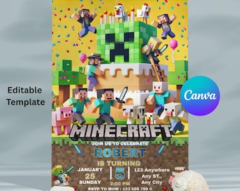 Pixel Block Birthday Party Invitation Template, MiineeCrraffterr Boys Birthday Party Invite, Gamer Invitation, High Quality Canva Template