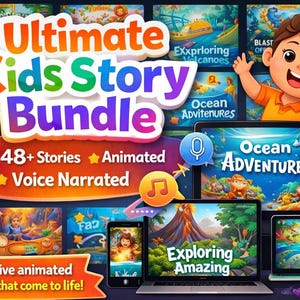 Puede incluir: Un gráfico colorido que promociona el "Ultimate Kids Story Bundle" con historias animadas y narración de voz. La imagen presenta un niño de dibujos animados, tabletas, un teléfono y una computadora portátil que muestra escenas de libros de cuentos.