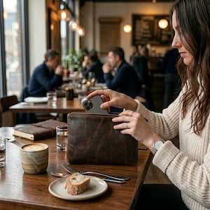 Pu&ograve; includere: Una pochette con cerniera in pelle marrone scuro di forma rettangolare con una texture a grana visibile. La pochette &egrave; tenuta da una persona che sta inserendo uno smartphone grigio nell'apertura superiore. La pelle ha una finitura opaca e semplice.