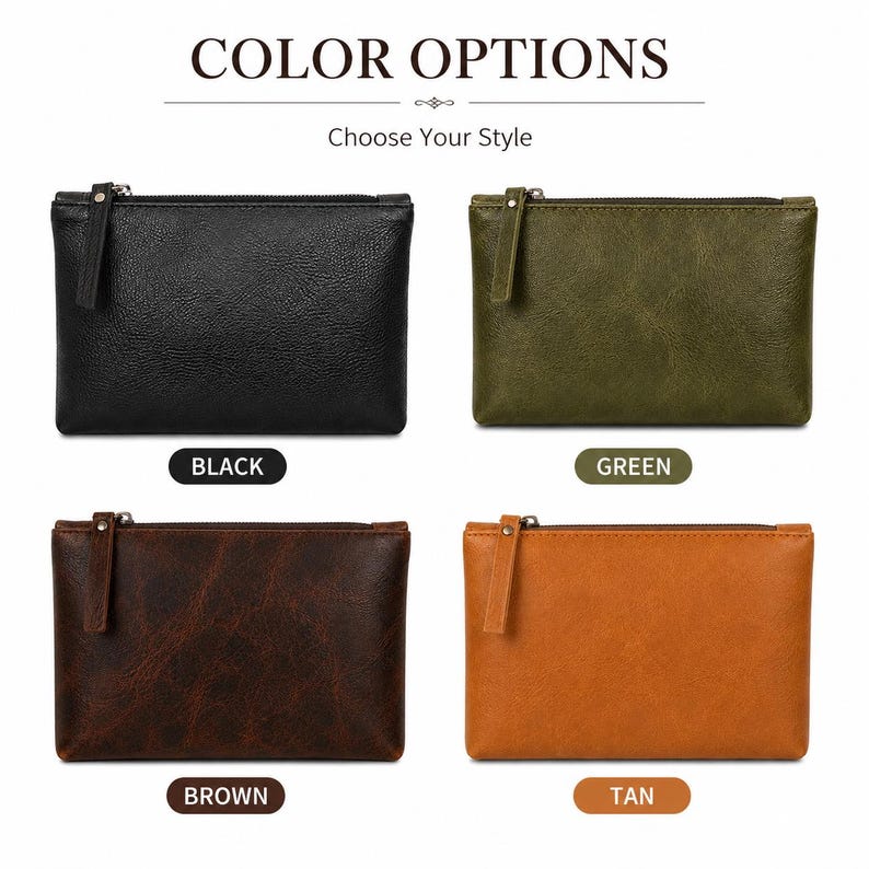 Pu&ograve; includere: Quattro pochette rettangolari con cerniera in nero, verde, marrone scuro e marrone chiaro. Ogni pochette presenta una superficie testurizzata e una linguetta della cerniera abbinata. Il testo COLOR OPTIONS e Choose Your Style appare sopra.
