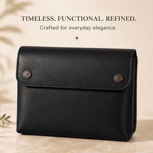 Könnte beinhalten: Eine schwarze rechteckige Tasche mit einem Klappverschluss, der durch zwei runde Metallknöpfe gesichert ist. Der Text darüber lautet: TIMELESS. FUNCTIONAL. REFINED. Crafted for everyday elegance. Die Tasche hat eine glatte Oberfläche.