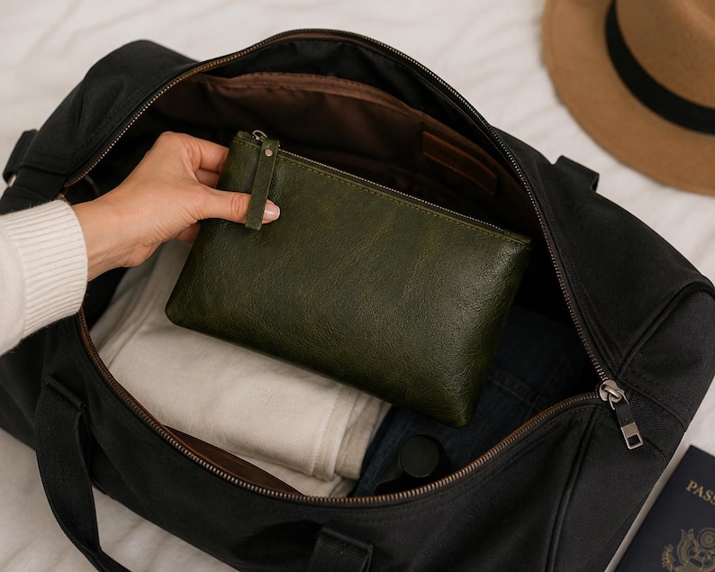 Pu&ograve; includere: Una pochette rettangolare in pelle verde scuro con chiusura a zip, posizionata all'interno di una grande borsa da viaggio nera contenente tessuto bianco piegato e un passaporto blu scuro, con un cappello marrone visibile nell'angolo superiore.