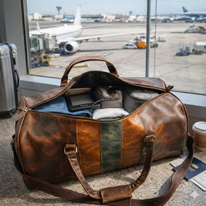 Pu&ograve; includere: Una borsa da viaggio in pelle marrone con una striscia verde al centro, aperta per rivelare oggetti imballati. La borsa ha una tracolla e manici. Lo sfondo mostra un terminal aeroportuale con aerei.