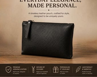 Full Grain Leather Pouch | Personalized Zipper Clutch, Travel Organizer