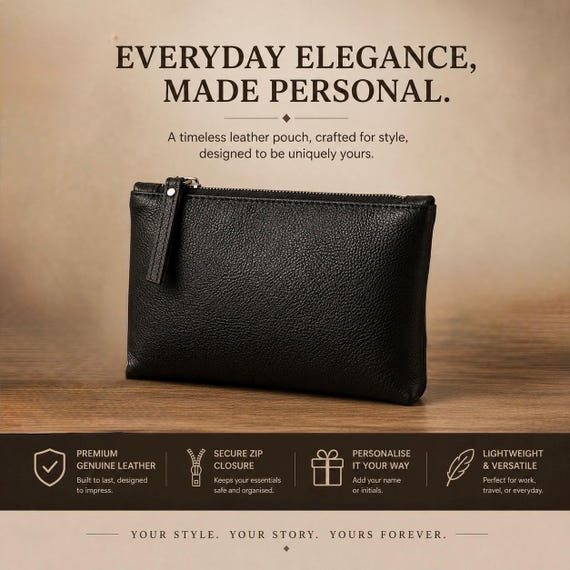 Full Grain Leather Pouch | Personalized Zipper Clutch, Travel Organizer
