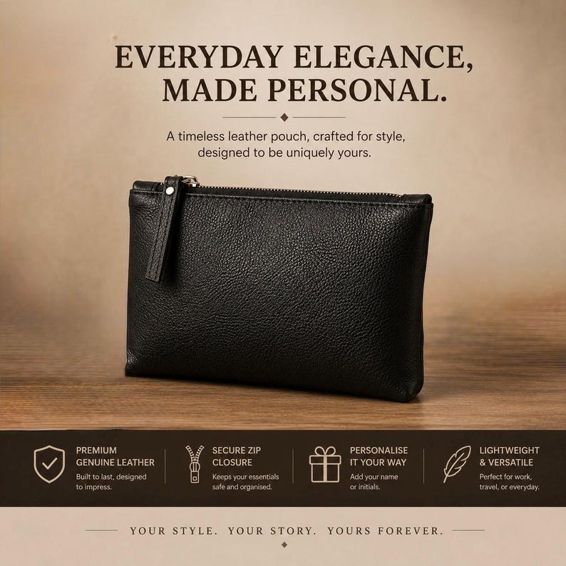 Pu&ograve; includere: Una pochette in pelle nera con superficie testurizzata e chiusura a zip in metallo argentato. Il testo recita: EVERYDAY ELEGANCE, MADE PERSONAL. A timeless leather pouch, crafted for style, designed to be uniquely yours. PREMIUM GENUINE LEATHER, SECURE ZIP CLOSURE, PERSONALISE IT YOUR WAY, LIGHTWEIGHT & VERSATILE. YOUR STYLE. YOUR STORY. YOURS FOREVER.