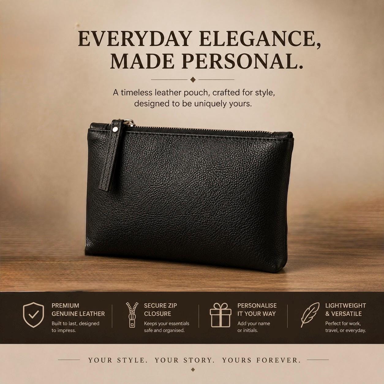 Full Grain Leather Pouch | Personalized Zipper Clutch, Travel