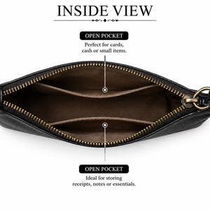 Pu&ograve; includere: Una pochette nera vista dall'interno, dotata di due tasche aperte e una fodera marrone. La parte superiore dell'immagine include il testo INSIDE VIEW, mentre le etichette indicano le tasche con il testo OPEN POCKET.