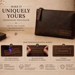 Pu&ograve; includere: Una pochette in pelle marrone scuro con chiusura a zip e una toppa rettangolare con il nome SHARON inciso sul davanti. L'immagine include un testo illustrativo che descrive il processo di personalizzazione tramite incisione laser.