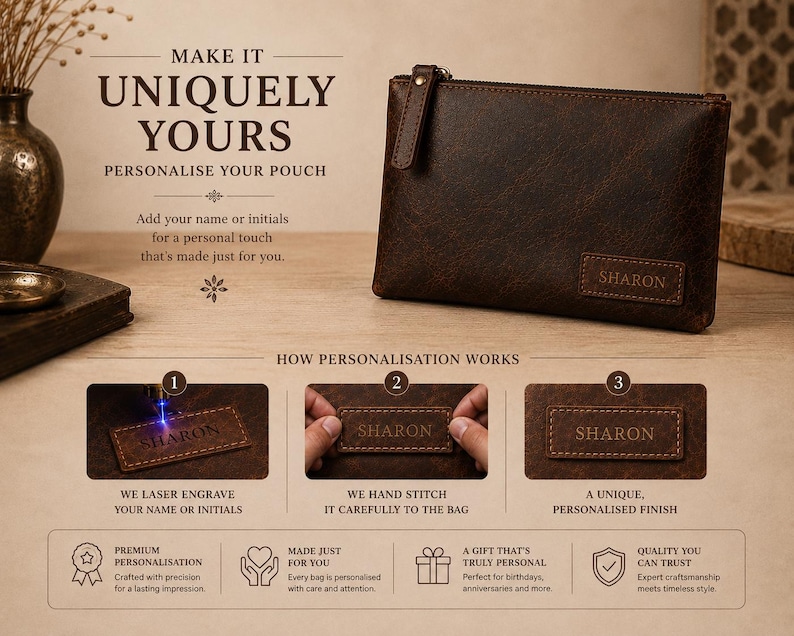 Pu&ograve; includere: Una pochette in pelle marrone scuro con chiusura a zip e una toppa rettangolare con il nome SHARON inciso sul davanti. L'immagine include un testo illustrativo che descrive il processo di personalizzazione tramite incisione laser.