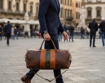 Pode incluir: Uma mala de viagem de couro castanho com um design de listras verticais verdes e laranja. A mala tem uma alça superior e uma alça de ombro. A mala é carregada por uma pessoa que usa um blazer azul marinho, jeans azuis e botas castanhas.
