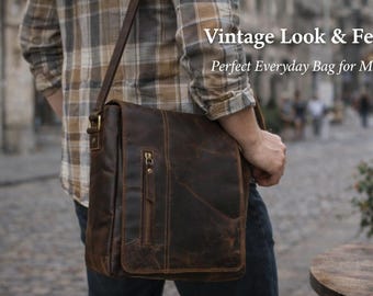 Borsa a tracolla da uomo in pelle pieno fiore / Borsa da lavoro a tracolla in pelle di bufalo realizzata a mano