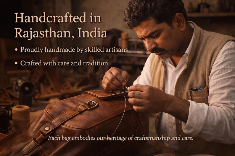 Pu&ograve; includere: Un artigiano cuce meticolosamente una borsa in pelle, mostrando l'arte dei prodotti fatti a mano. L'immagine evidenzia il testo "Handcrafted in Rajasthan, India" e sottolinea la cura e la tradizione nella creazione di ogni borsa.