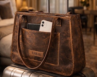 Personalized Bison Leather Tote Bag | Full Grain Zipper Shoulder Bag