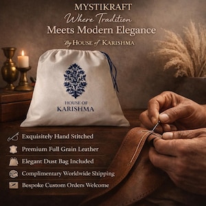 Pu&ograve; includere: Un sacco con coulisse color crema con un design floreale blu e la scritta "HOUSE OF KARISHMA". L'immagine mostra anche una persona che cuce a mano la pelle marrone. Il testo sull'immagine recita "MYSTIKRAFT Where Tradition Meets Modern Elegance."