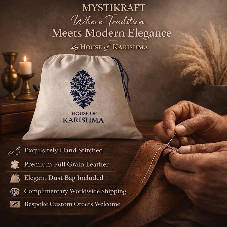 Pu&ograve; includere: Un sacco con coulisse color crema con un design floreale blu e la scritta "HOUSE OF KARISHMA". L'immagine mostra anche una persona che cuce a mano la pelle marrone. Il testo sull'immagine recita "MYSTIKRAFT Where Tradition Meets Modern Elegance."