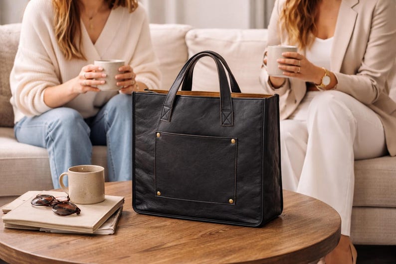 May include: A black leather tote bag with a rectangular shape and a front pocket. The bag has two handles and gold-colored rivets. The interior is a light brown color. The bag is on a wooden table.
