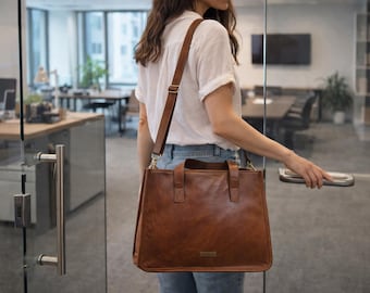 Personalized Full Grain Bison Leather Tote Bag | 16" Laptop Work Handbag (Adjustable Strap)