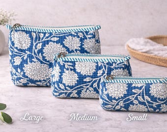 Set di pochette in cotone trapuntato stampate a mano con tecnica block print, borse da viaggio impermeabili per articoli da toilette.