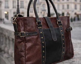 Handmade Full Grain Leather Tote Bag | Two-Tone Rivet Detail