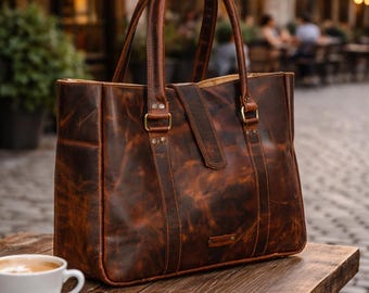 Borsa tote in pelle di bufalo fatta a mano / Borsa da lavoro vintage foderata in velluto