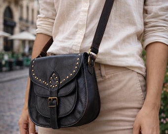 Handgemaakte leren crossbodytas | Handgemaakte schooltas | Cadeau voor haar | Zwarte alledaagse tas| Damesportemonnee| Schoudertas|Crossbodytas voor reizen|