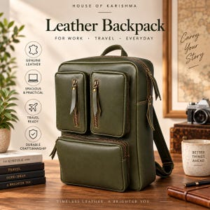 May include: An olive green leather backpack featuring two vertical zippered front pockets and one horizontal zippered front pocket. The bag includes a top handle, adjustable shoulder straps, and gold-toned metal zips with leather pull tabs.
