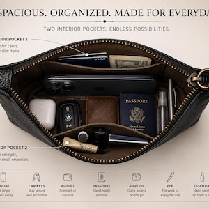 Pu&ograve; includere: Una pochette in pelle nera con cerniera e interno marrone dotata di due scomparti principali. La pochette contiene uno smartphone, un passaporto, chiavi dell'auto, auricolari wireless, una penna, un flacone e una crema Aesop, con etichette.