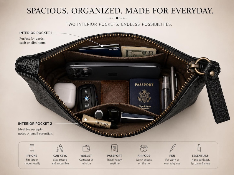 Pu&ograve; includere: Una pochette in pelle nera con cerniera e interno marrone dotata di due scomparti principali. La pochette contiene uno smartphone, un passaporto, chiavi dell'auto, auricolari wireless, una penna, un flacone e una crema Aesop, con etichette.