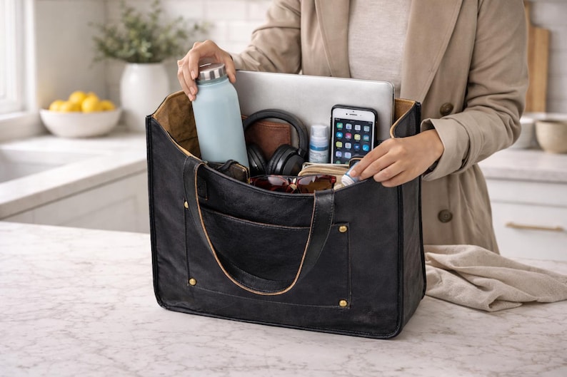 May include: A black leather tote bag with a light blue water bottle, laptop, headphones, phone, and other items inside. The bag has a large pocket on the front and is being held by a person wearing a tan coat.