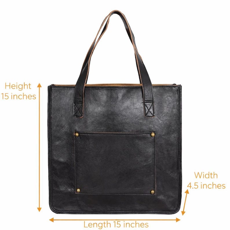 May include: Black leather tote bag with a front pocket and two handles. The bag is 15 inches in height and length, and 4.5 inches wide. The bag has brass rivets on the front pocket.