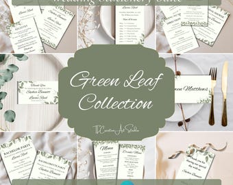 Green Leaf Collection Wedding Stationery Bundle, 20-Piece Editable Canva Templates, Minimalist, Instant Download