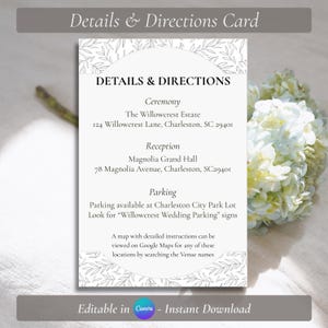 Puede incluir: Una tarjeta blanca de detalles y direcciones de boda con un diseño floral. La tarjeta incluye detalles de la ceremonia y la recepción, incluidas las direcciones y la información de estacionamiento. El texto "Details & Directions" está en la parte superior.