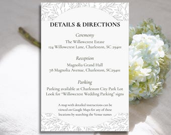 Tarjeta con instrucciones de hojas de encaje, elegante inserto para boda, tarjeta romántica con mapa botánico, papelería imprimible