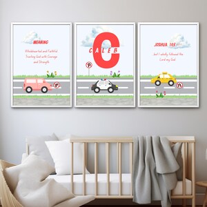 Decoración de pared personalizada para habitación infantil cristiana, juego de láminas con versículos bíblicos de coches, decoración con escrituras para niños, descarga digital con nombre personalizado, póster para dormitorio infantil