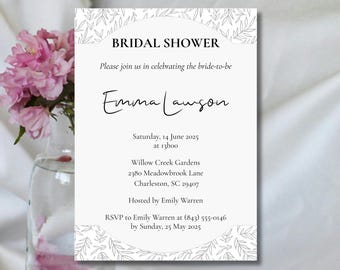 Może przedstawiać: Białe zaproszenie na wieczór panieński z kwiatowym wzorem. Zaproszenie zawiera tekst "BRIDAL SHOWER", imię panny młodej "Emma Lawson" oraz szczegóły wydarzenia. Zaproszenie jest edytowalne i dostępne do natychmiastowego pobrania.