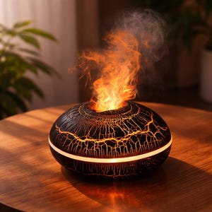 Peut inclure: Un diffuseur d'huiles essentielles noir et orange avec un effet de flamme. Le diffuseur présente un motif craquelé avec une lumière orange. L'effet de flamme émet une brume, créant une ambiance relaxante. Le diffuseur est posé sur une surface en bois.