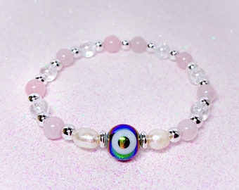 Rose Quartz Crystal Bracelet | Freshwater Pearls | Crackle Quartz | Evil Eye Bracelet | Protection Bracelet | Hematite | Aurora Borealis