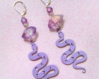 Lilac Iridescent Lunar Snake Earrings | Statement Earrings | Lavender Crystals | Witchy Jewelry | Serpent | Dangle Earrings | Celestial