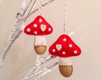 Mushroom Christmas Tree Ornament Set | Set of 2 | Toadstools | Felt Ornaments | Handmade | Holiday Decor | Cottagecore | Woodland | Forest