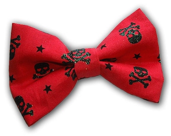 Spooky Fabric Bow | Black Glitter Skulls and Stars Print | Halloween Bows | Spooky Hair Bows | Spooky Pet Bows | Cat Collar Bows | Halloween