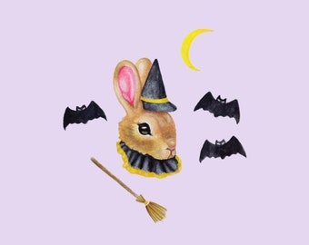 Bunny Witch | 8x8 Fine Art Print | Giclée Mini | Rabbit Art | Witchy Illustration | Witch Art | Witch Decor | Halloween Art | Spooky Art